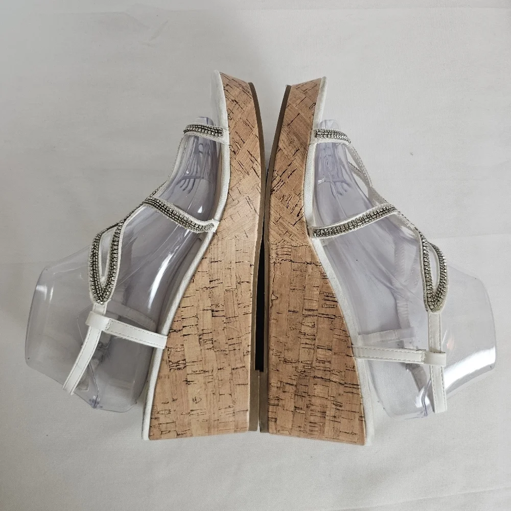 Fergalicious White Strappy Cork Wedge Summer Sandals Rhinestone Size 9.5
